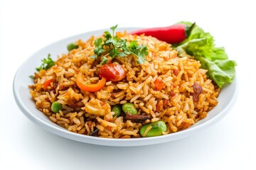 Javanese Fried Rice, Originating from Java, this fried rice is characterized by its use of sambal (chili paste) and petai (stink beans). isolated on white background