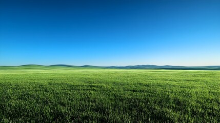 Fototapeta premium Picturesque early morning landscape with lush green meadow under clear blue sky