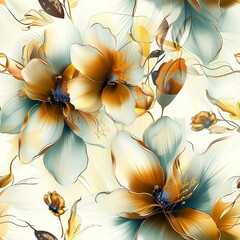 Yellow and teal flowers with beige accents on a light background. Seamless floral pattern for textile and wallpaper design. Botanical and abstract theme. Generative AI