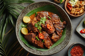 Fototapeta premium Lung Rendang, This version uses cow lungs, which are cooked in the same spicy coconut milk mixture until they absorb the rich flavors. Top View