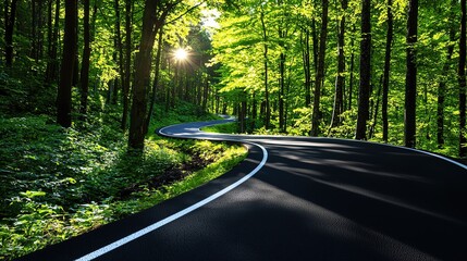 Obraz premium A winding road through lush green trees, capturing the essence of nature's tranquility and beauty under soft sunlight.