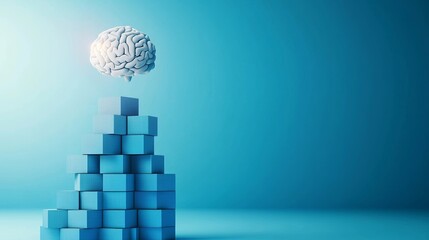 A conceptual image depicting a brain above a pyramid of blue blocks, symbolizing intelligence and knowledge.