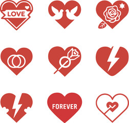 Set of Red heart hand-drawn collection Vector illustration.