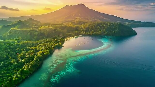 a tropical island  and  a lake