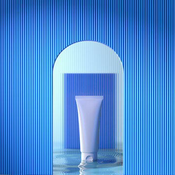 White Cosmetic Tube in Arched Niche with Rippled Water Reflection and Vertical Striped Background in Modern Monochromatic Product Display