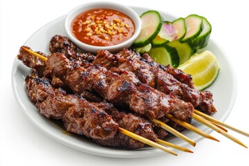Maranggi Satay, Originating from West Java. It's grilled and served with a side of sambal and pickled vegetables. isolated on white background