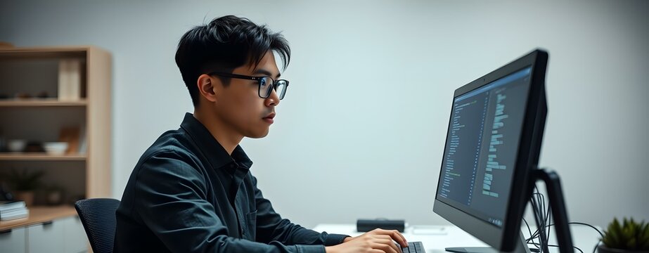 Asian Man Working on Computer at Desk