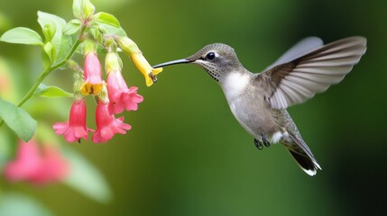Obraz premium Hummingbird in Flight, Feeding on Flowers