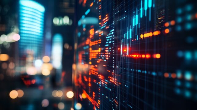Abstract image of a digital data visualization screen with glowing charts and graphs in a blurred cityscape background - Powered by Adobe