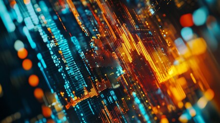Obraz premium Abstract representation of data flow in a digital network, with vibrant neon lights and complex patterns hinting at modern technology.
