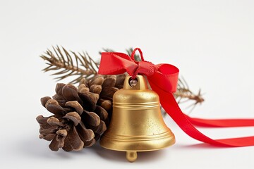 Golden Christmas bell with red ribbon and pine cones on white background
