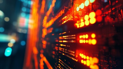Obraz premium Abstract view of a digital data stream, with orange lights, representing data flow in a futuristic high-tech environment.