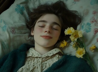 Sleeping Woman with Flowers on Bed