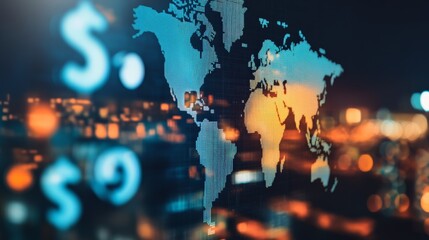 Abstract world map with financial symbols, blending technology and finance concepts, global connections, data analysis, future trends.