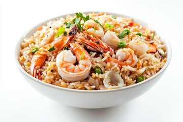 Seafood Fried Rice,This version incorporates various types of seafood such as shrimp, squid, and fish. isolated on white background