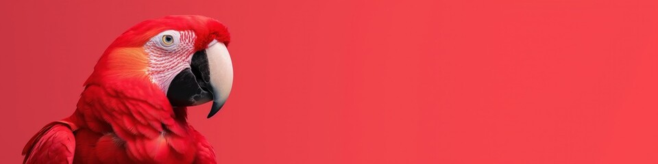Obraz premium Beautiful macaw parrot bird on red background, wide horizontal panoramic banner with copy space, or web site header with empty area for text.