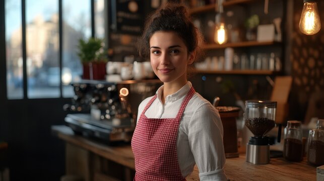 The barista in red apron