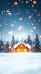 A cozy cabin surrounded by snow-covered trees under a starry night sky, illuminated by warm lights, creating a serene winter atmosphere.