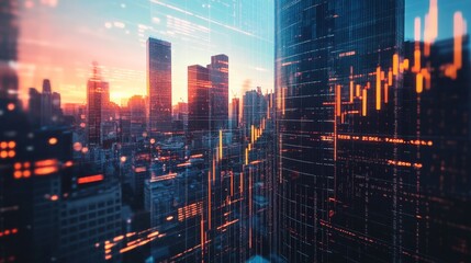 Obraz premium City skyline at sunset with stock market data overlay, reflecting modern finance, business, investment, and economic growth trends.