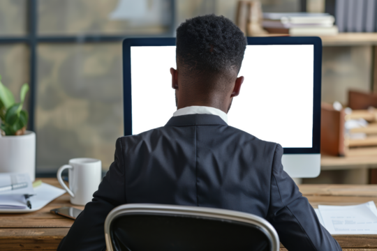 Unrecognizable black businessman using computer with empty blank screen