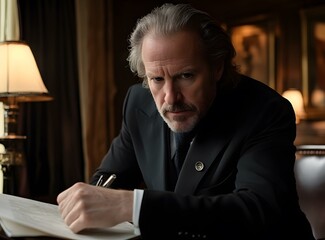 Businessman Writing at Desk in Office Setting
