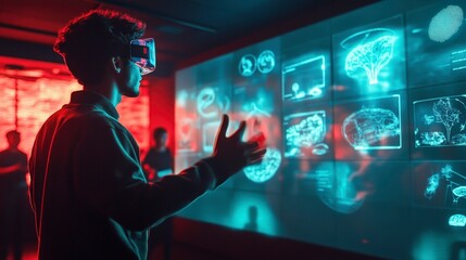 Obraz premium A futuristic classroom where students interact with holographic interfaces