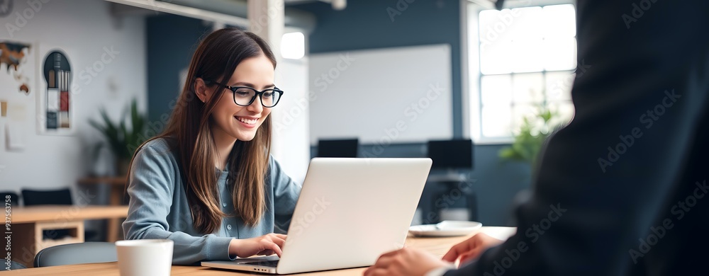 Wall mural Woman with Glasses Working on a Laptop in an Office