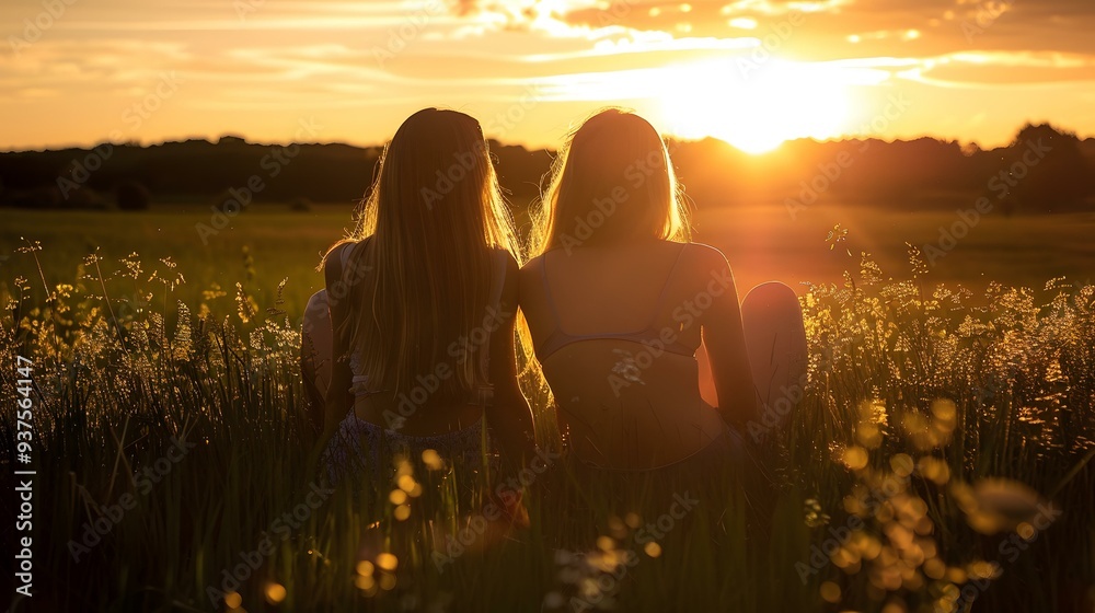 Wall mural Two Women Sitting in a Field at Sunset