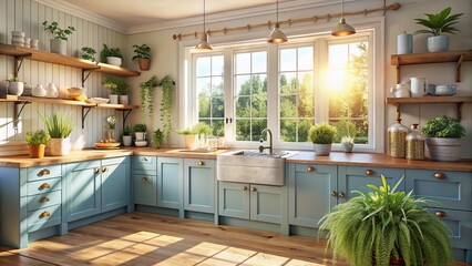 Fototapeta premium vibrant morning sunlight illuminating pastel blue cabinets contrasting warm beige countertops amidst lush greenery-filled windowsill in a cozy rustic farmhouse kitchen setting