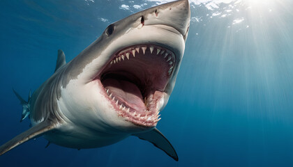Fototapeta premium A great white shark shows its sharp teeth with its mouth wide open as it glides through the deep blue ocean, illuminated by sunlight filtering down