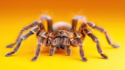 Fototapeta premium A large brown and black spider is standing on a yellow background with copy space.