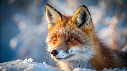 Obraz premium The red fox stands gracefully in a snowy environment, illuminated by soft morning light, highlighting its striking fur and curious expression as it surveys its surroundings