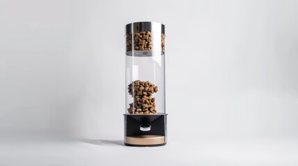 Modern dry food dispenser for cats and dogs standing on white background