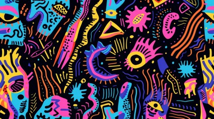 Vibrant Tribal Artwork with Psychedelic Patterns and Symbols