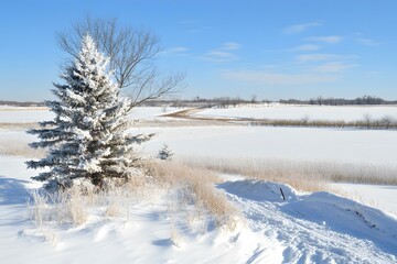 Snowy Field with Fir Tree and Bare Trees