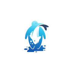 penguin animal icon eating fresh fish, blue color