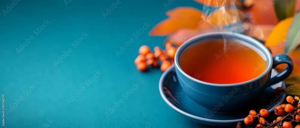 Wall mural  A cup of tea on a saucer, autumn leaves nearby, and berries in proximity