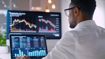 Focused professional analyzing financial data on multiple screens in a modern office environment.