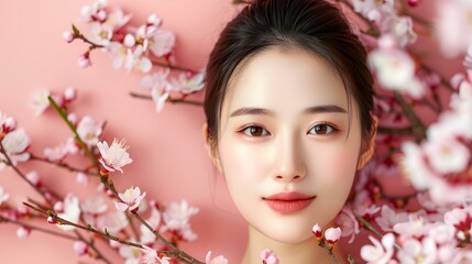 Naklejka premium Beautiful Asian Woman with Pink Blossoms