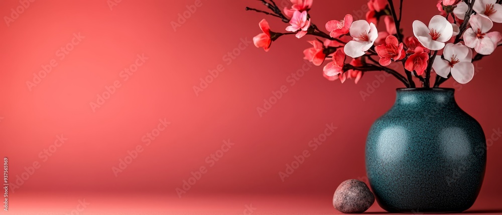 Poster a vase holds pink and white blooms near a rock on a pink backdrop red wall lies in background