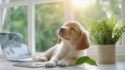 A peaceful puppy resting by a window, surrounded by greenery and a laptop, basking in warm sunlight.
