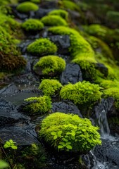 Green Moss Covered Rocks With Stream