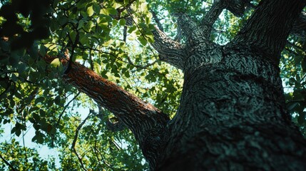 A canopy view of a dense forest, showcasing the rough textures of tree bark and leaves. Sunlight highlights the natural grain patterns, adding depth to the forest scene.

