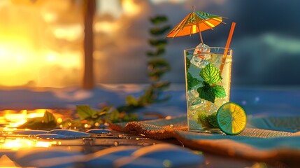 A mojito with a straw and umbrella, sitting on a sun-drenched beach towel.