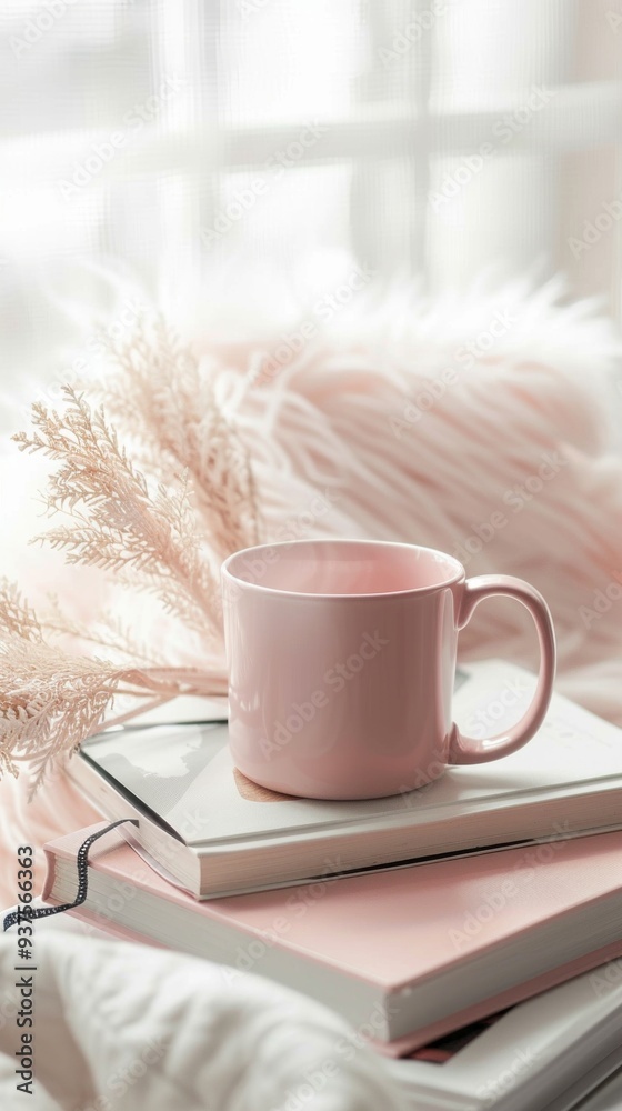 Poster a delicate pink mug sits atop a stack of books, enveloped in soft white fur, illuminated by gentle n