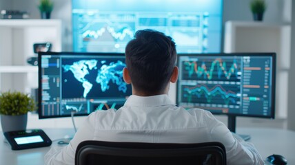 Business analyst observing financial data on multiple screens, analyzing global trends and making strategic decisions.