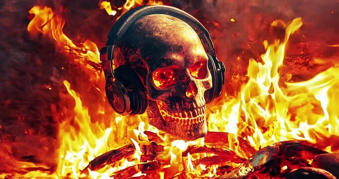 Skull in headphones in a fiery burn atmosphere. Music, dj, party concept.
