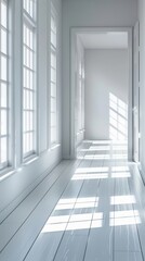 Abstract White Corridor  A minimalist hallway of receding white frames, leading to a bright, undefined space beyond.  The image evokes a sense of depth, perspective, and possibility.