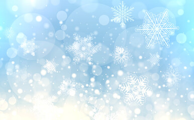 Christmas background with snowflakes, winter blurry magical background.