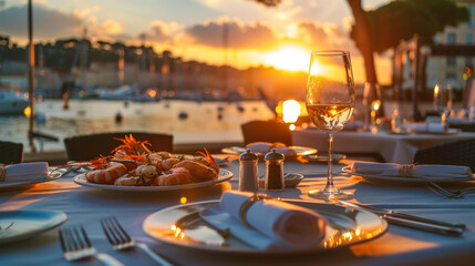 Fototapeta premium Elegant table setting with local products with fine wines on the table. Restaurant reserved table overlooking the sunset harbor. Concept of food, relaxation, beauty.